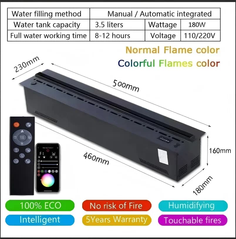 Cheminée à vapeur d'eau intelligente avec télécommande, effet de flamme 3D, lumière d'ambiance, sans