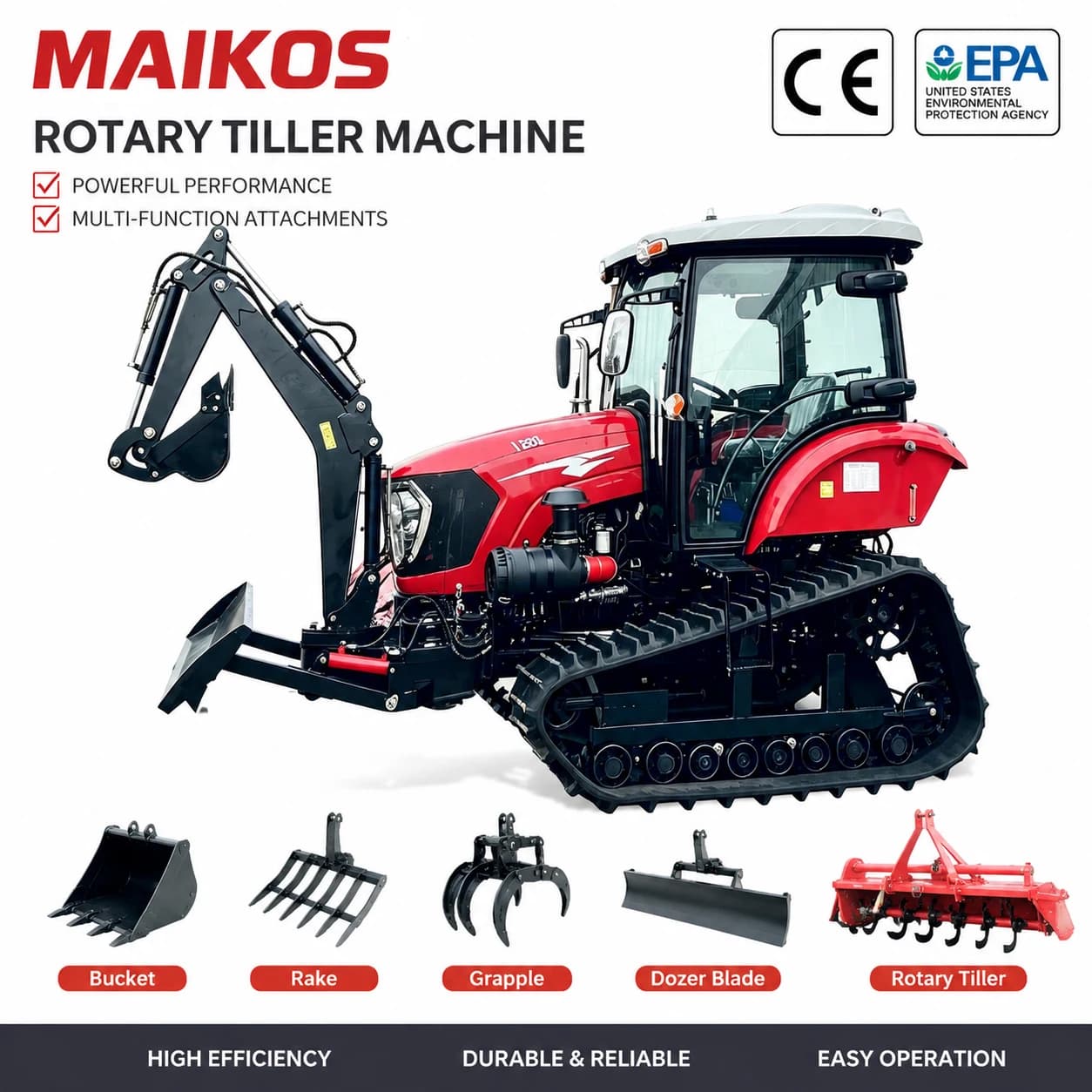 Tracteur agricole à chenilles à double usage, conception résistante à la boue avec accessoires de tr