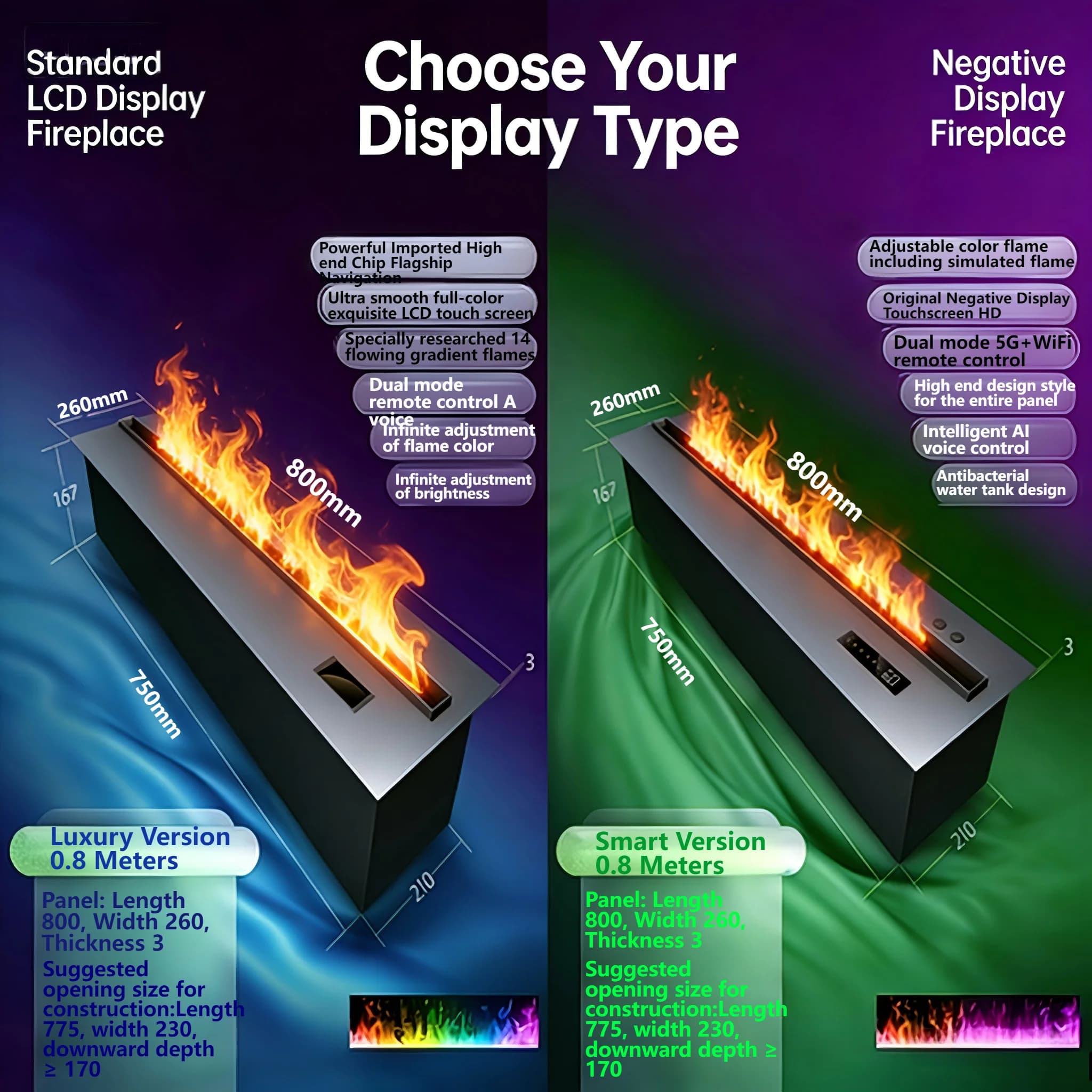 Cheminée à vapeur d'eau 3D avec flamme dégradée RGB, tactile intelligent, insert électrique luxe pou