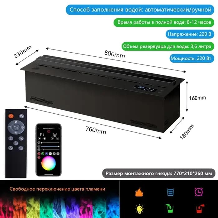 Cheminée électrique LED améliorée, 128 flammes de couleur, toucher sûr, télécommande avec applicatio