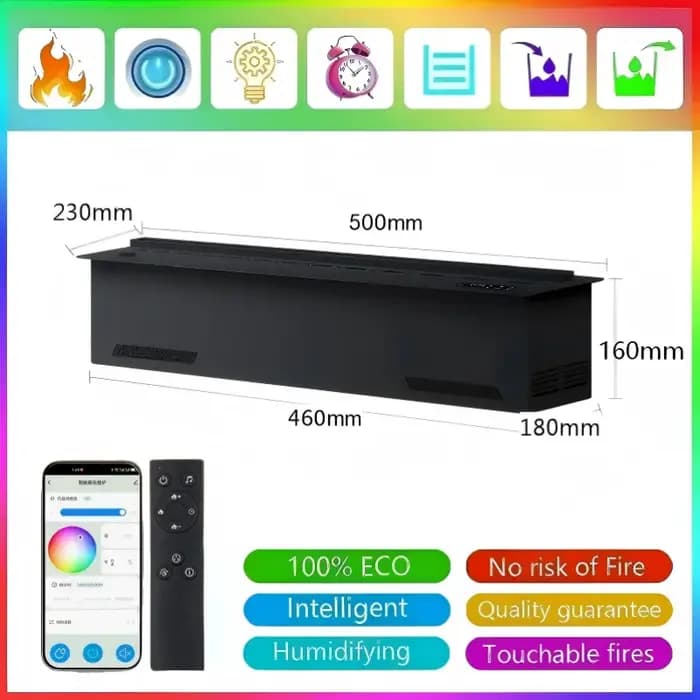 Cheminée linéaire 3D à effet de brume extra longue de 120 cm, intégrée, flamme LED multicolore, comm