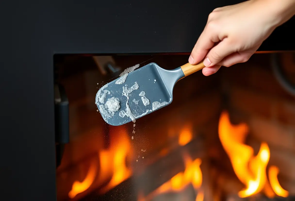 Spatule souple en train d'éliminer des résidus tenaces sur une vitre d'insert de cheminée